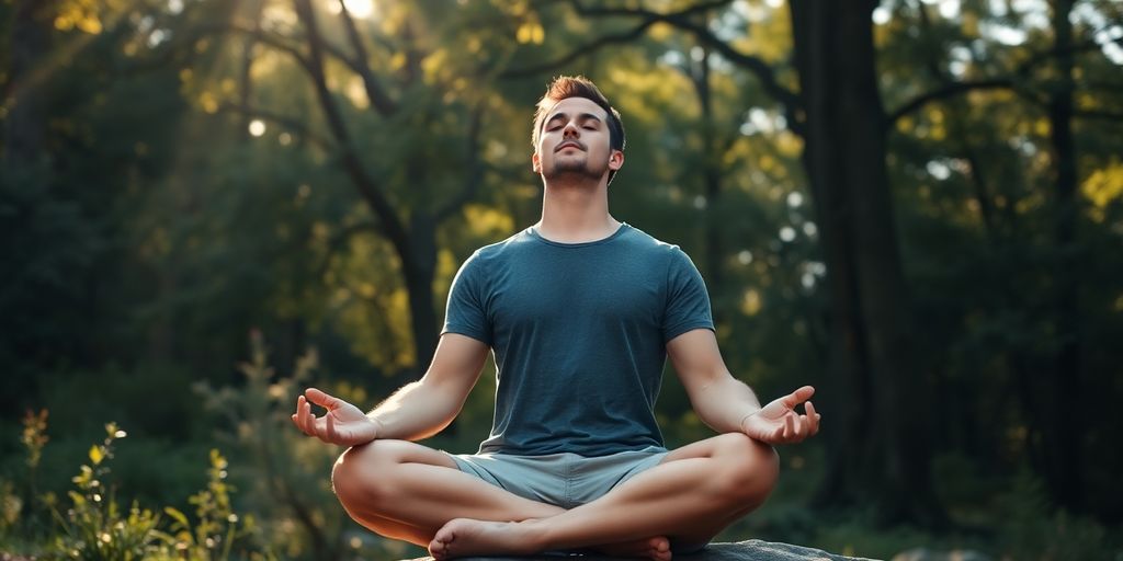 Man meditating outdoors in a peaceful natural setting.