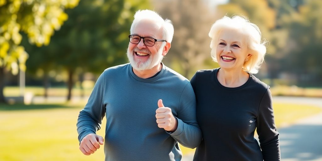 Elderly couple walking outdoors, promoting heart health.