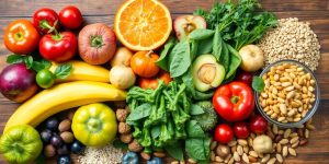 Colorful healthy food swaps on a wooden table.