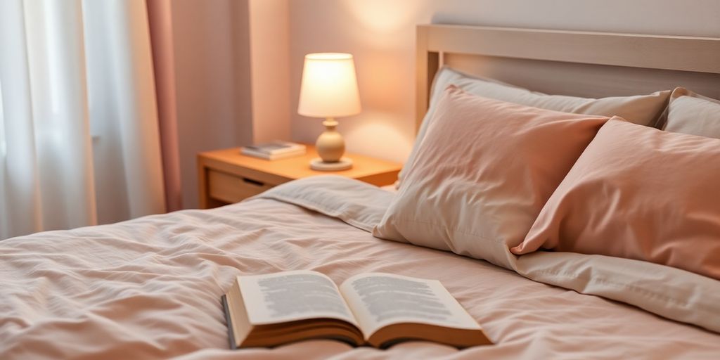 Cozy bedroom with soft lighting and inviting atmosphere.