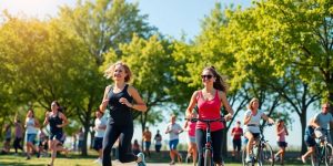 People exercising outdoors in a sunny park setting.